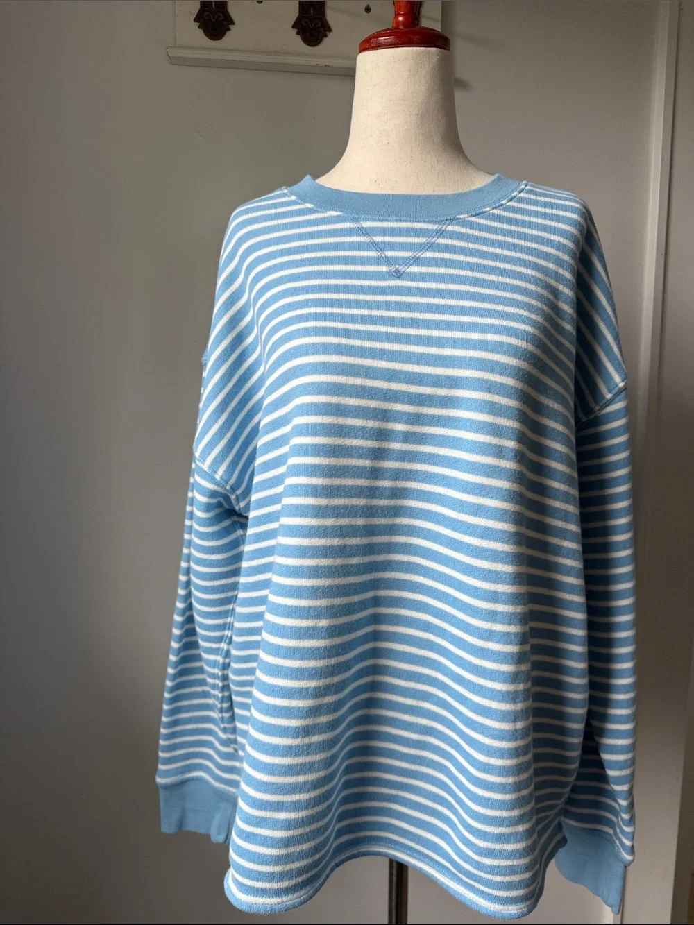 J. Crew Light Blue and White Striped Crewneck Sweater Oversized Cotton Crew - Picture 1 of 5